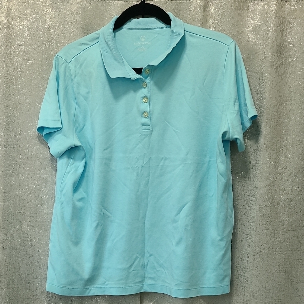 Lands' End Blue Short Sleeve Button Down Polo Sz Large Pima Cotton
